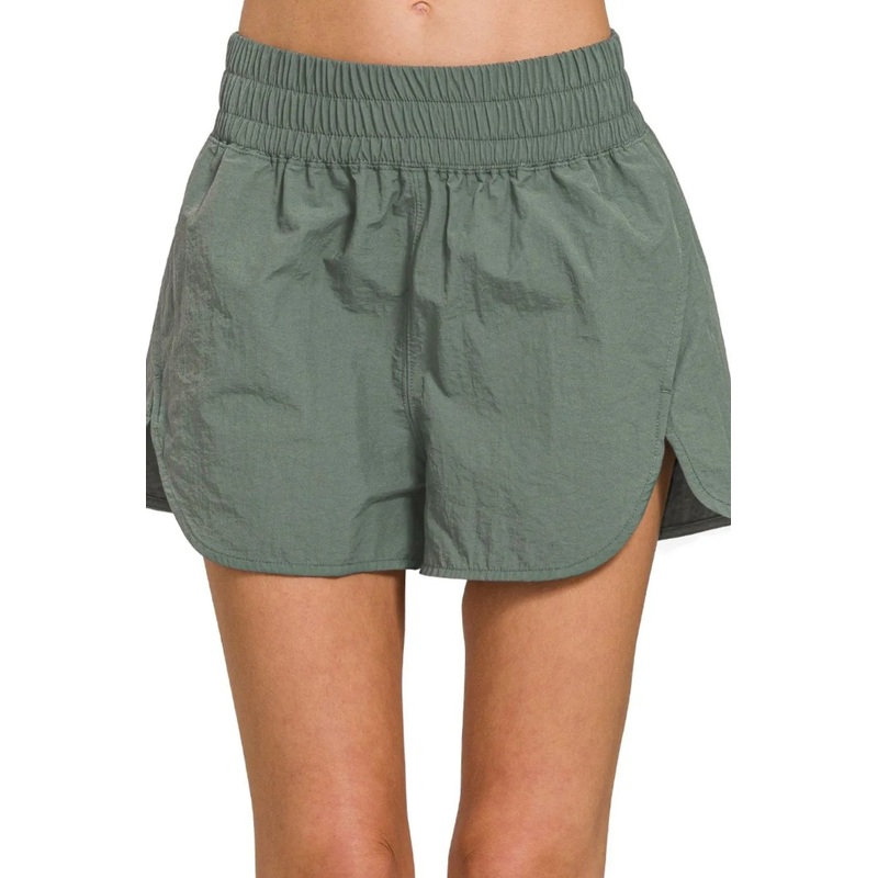 Zenana Windbreaker Smocked Waistband Running Shorts ASH JADE S