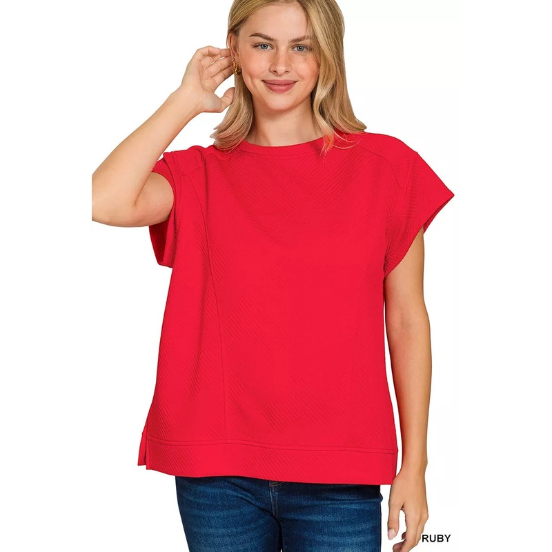 Zenana Textured Knit Jacquard Short Sleeve Top RUBY S