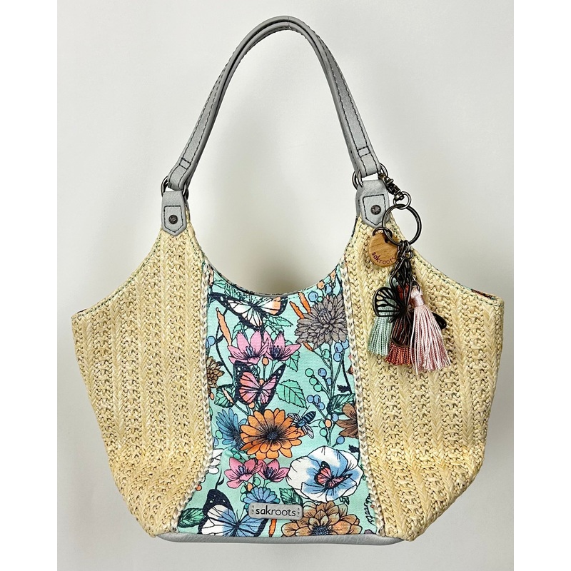 Blue Floral And Raffia Shoulder Bag
