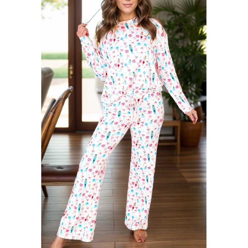 Printed Round Neck Long Sleeve Top and Pants Lounge Set White S