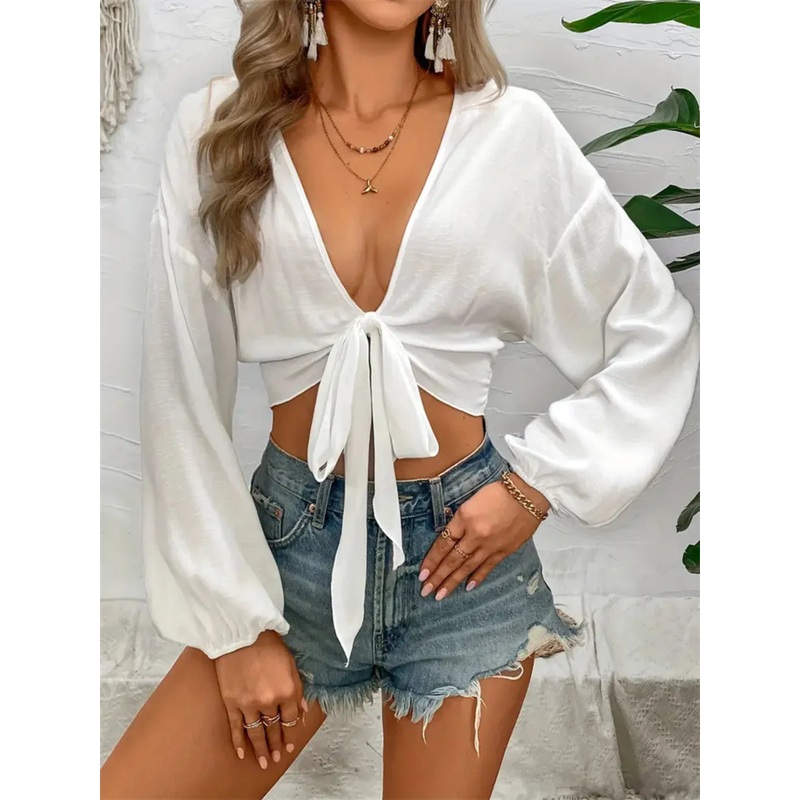 Tied V-Neck Cropped Cover-Up White S