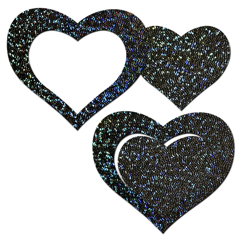 Peek-a-Boob: Black Glitter Heart Frame & Center Nipple Pasties by Pastease o/s Black