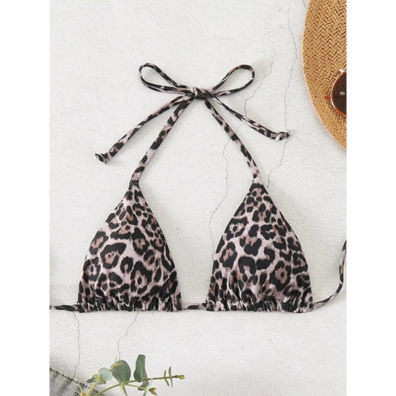Halter Neck Triangle Swim Top Gray Leopard Print XS