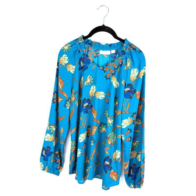 Teal Floral Ruffle Neck Long Sleeve Top- Size 6/8