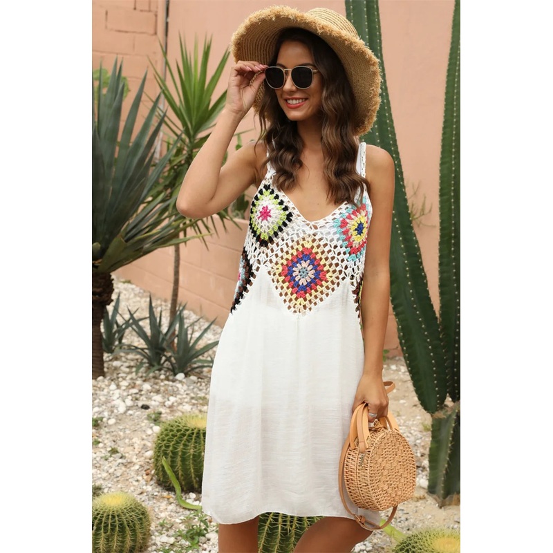 Geometric V-Neck Spaghetti Strap Cover Up Dress White One Size