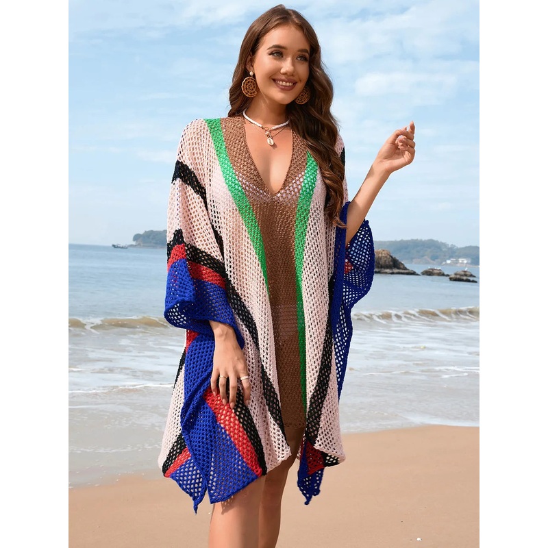 Openwork Color Block Plunge Cover-Up Royal Blue One Size