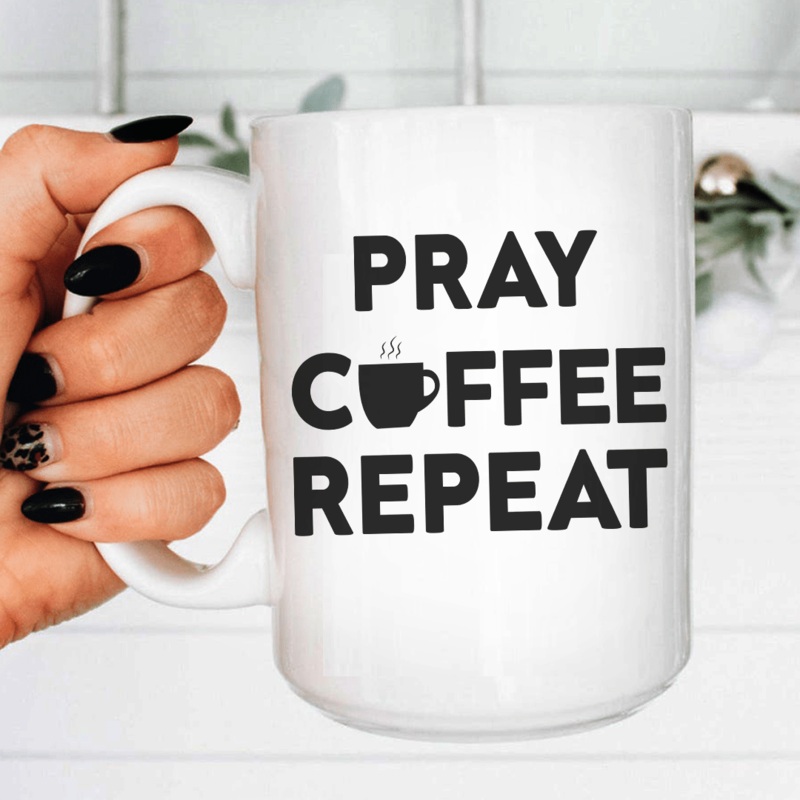 Pray Coffee Repeat Ceramic Mug 15 oz White One Size