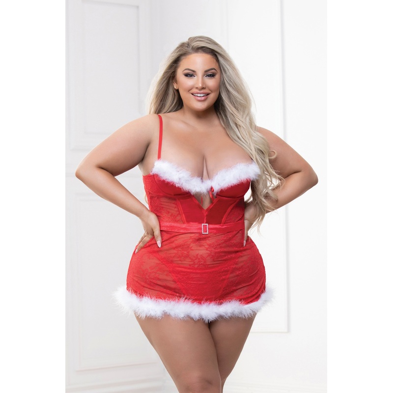 Two Piece Lace and Stretch Satin Chemise With Marabou Trim and G-String Set – 3x/4x – Red