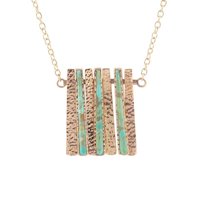 Aztec Blue Turquoise and Golden Bronze Fan Necklace