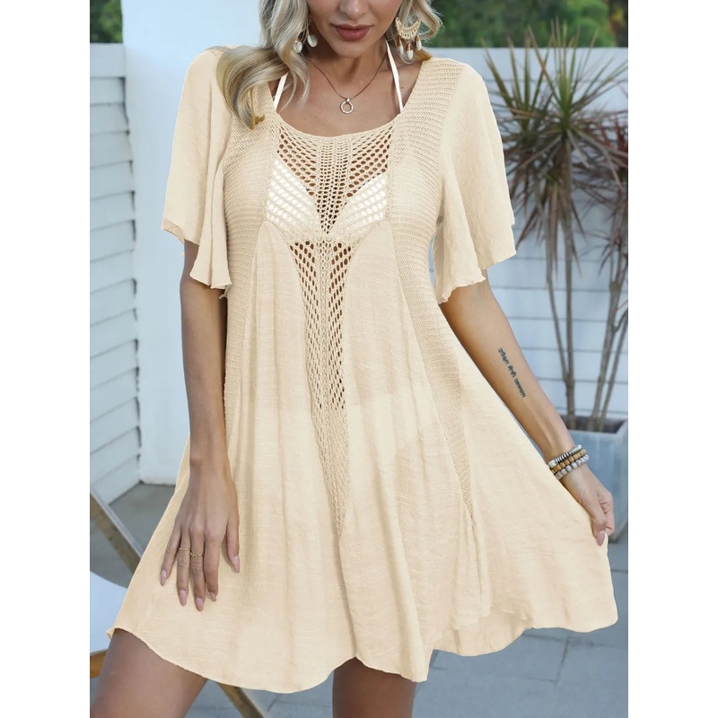 Openwork Flutter Sleeve Cover-Up Dress Tan One Size