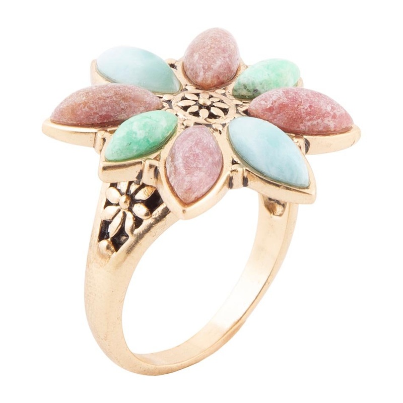 Pink Rhodonite Blue Amazonite and Green Varacite Petals Golden Statement Ring 7