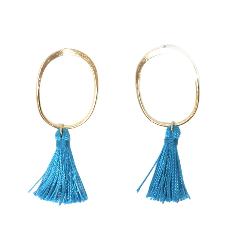 Gold Dangling Earrings with Blue Tassels