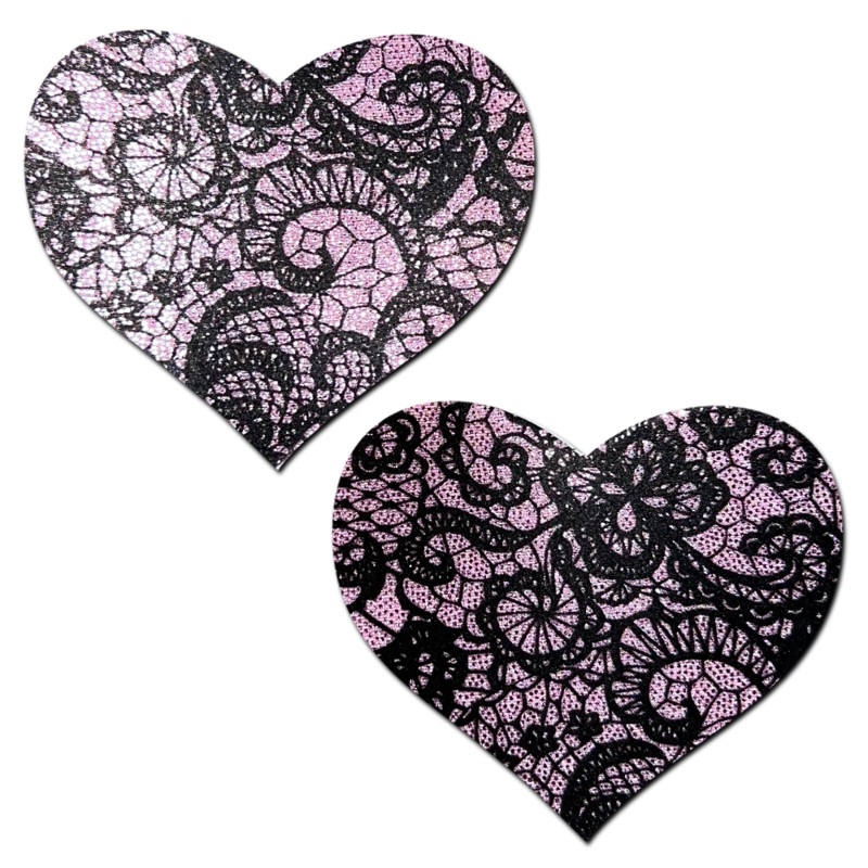 Love: Liquid Baby Pink with Black Lace Heart Nipple Pasties by Pastease o/s Pink