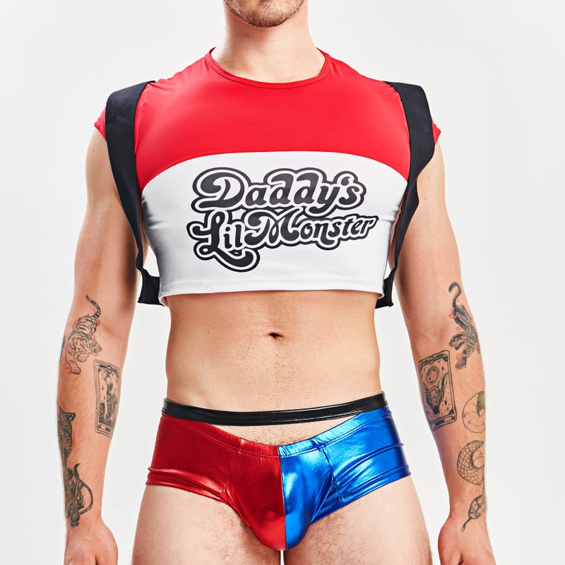 Miami Jock Harley Quinn Men’s Sexy Halloween Costume and Suite MJT011 Small/Medium Red/Royal BIue