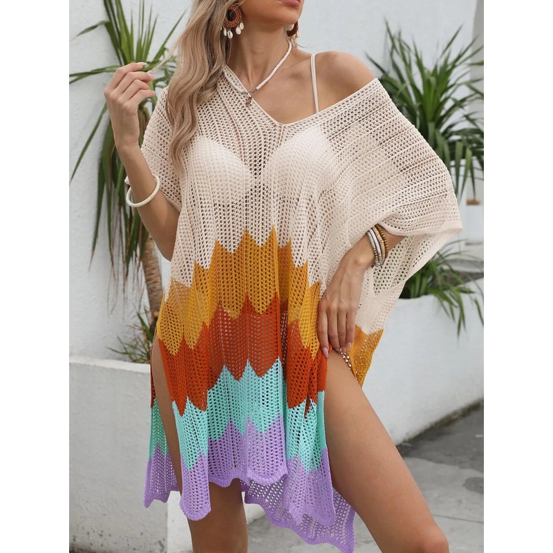 Openwork V-Neck Half Sleeve Cover-Up Tan One Size