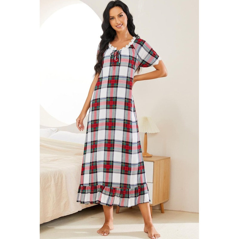 Plaid Lace Trim Ruffle Hem Night Dress Plaid S