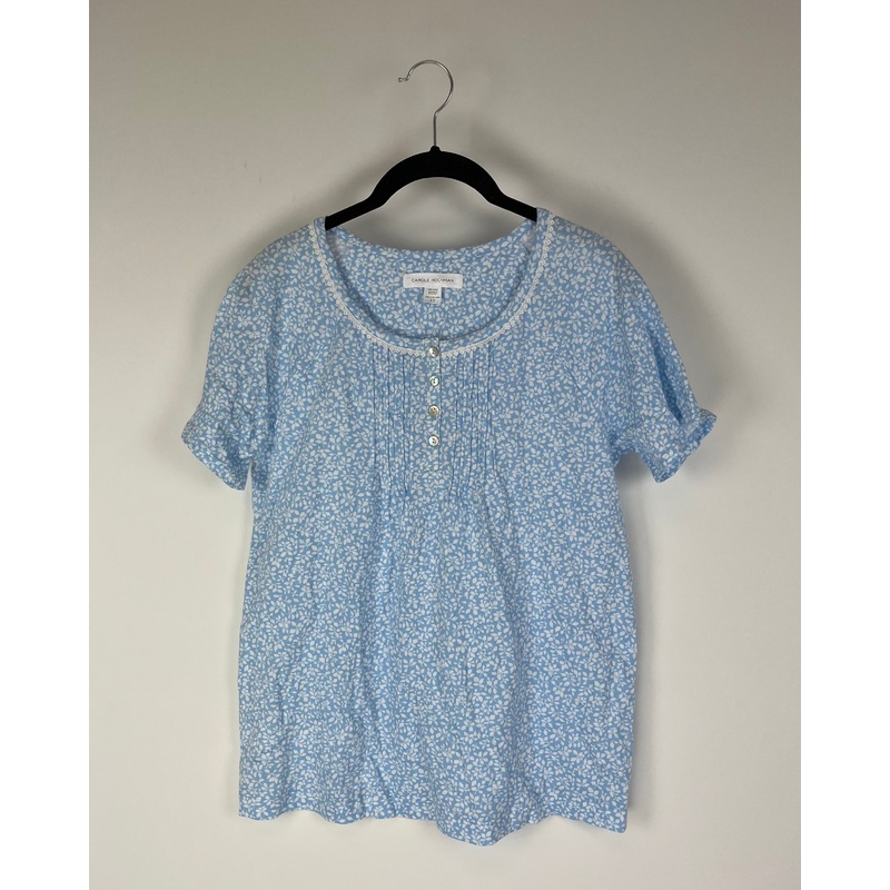 Light Blue Leaf Print Short Sleeve Sleep Shirt – Extra Small