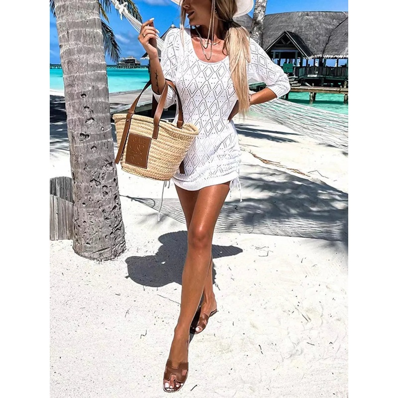 Backless Openwork Drawstring Round Neck Cover Up White S