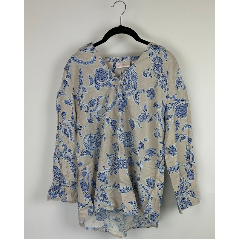 Beige Long Sleeve Top with Blue Paisley Design – Size 6/8