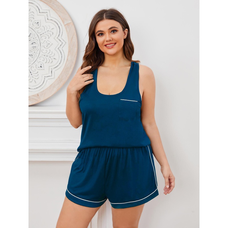 Plus Size Contrast Piping Racerback Tank and Shorts Lounge Set Black 1XL