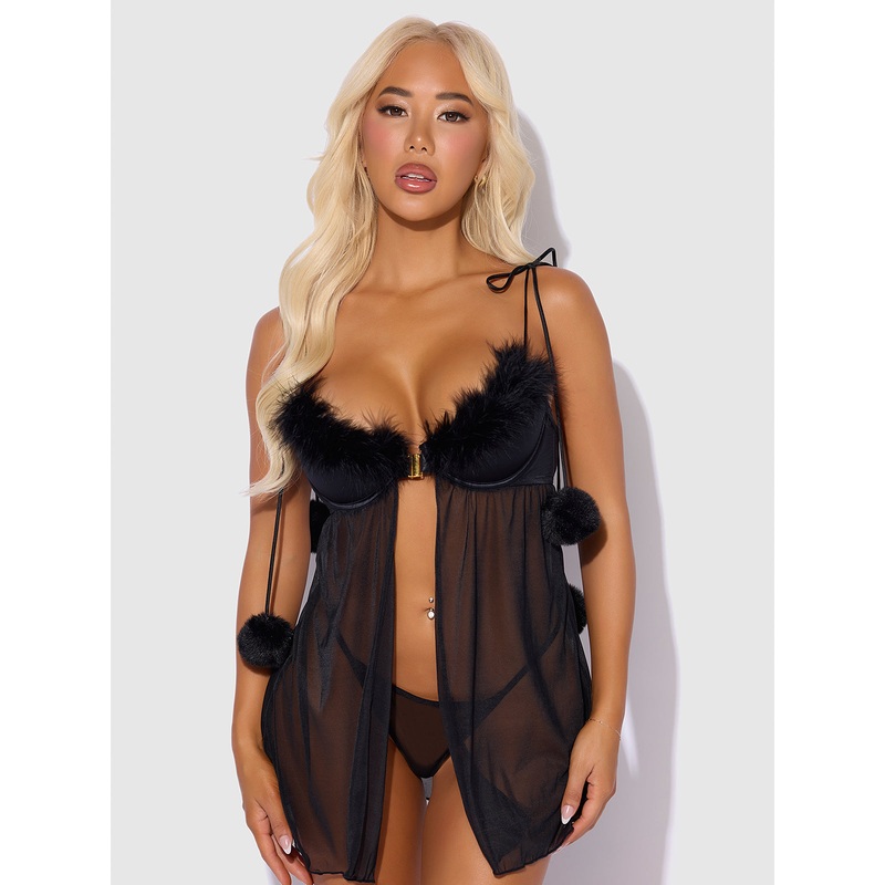 Scarlett Drop Off Open Front Marabou Babydoll & G-String Black S