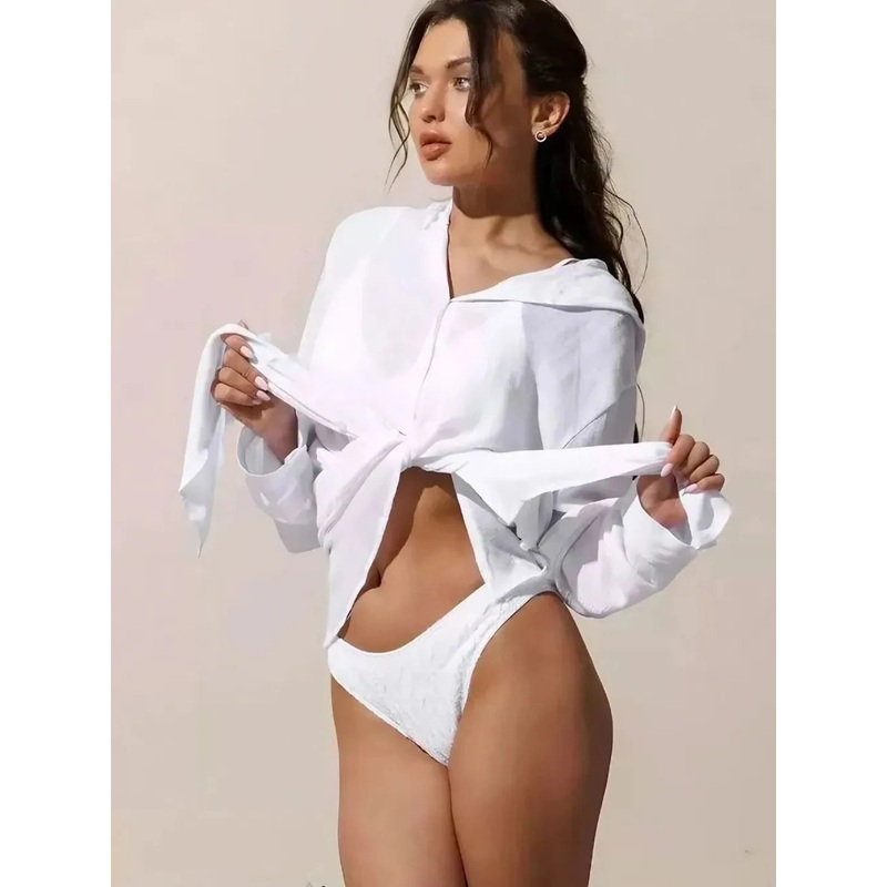 Button Down Hooded Cover-Up White One Size