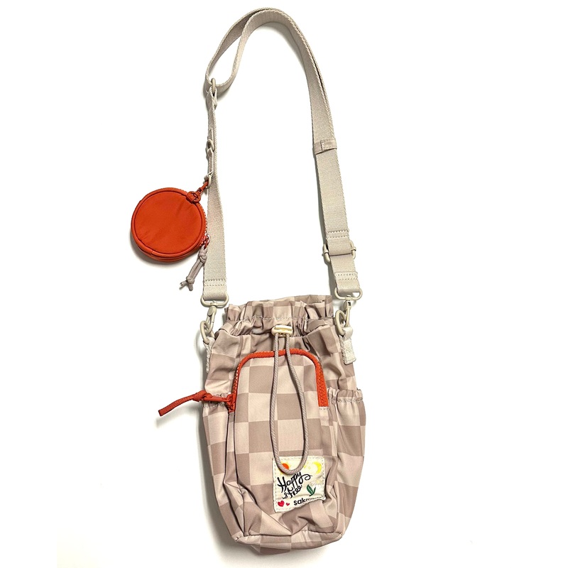 Beige and Ivory Checkerboard Drawstring Bag