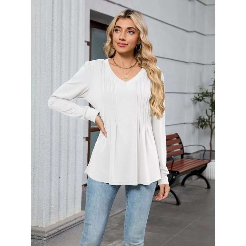 V-Neck Long Sleeve Relaxed Fit T-Shirt White S
