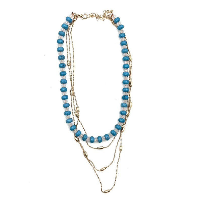 Blue Beaded and Gold Layered Necklace