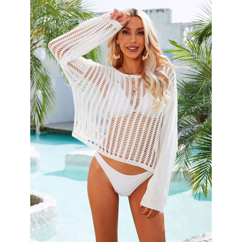 Angel Wings Long Sleeve Round Neck Openwork Cover-Up White S