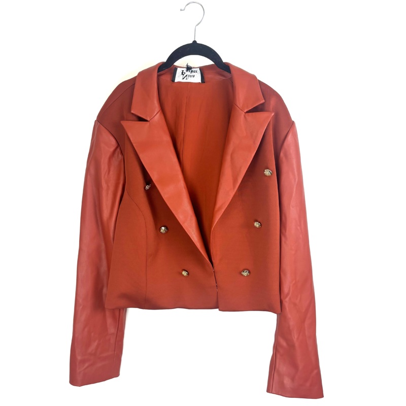 Burnt Amber Blazer with Leather Sleeves-2x