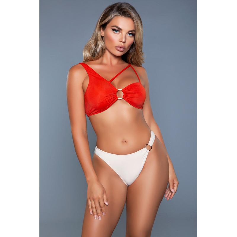Charlotte Strappy Asymmetrical Swimsuit Red/Beige S