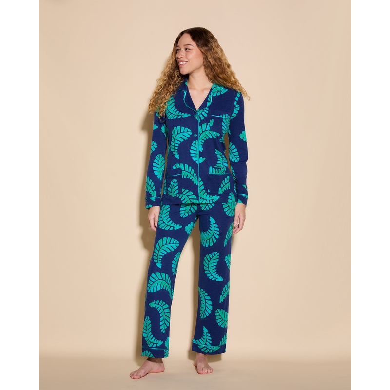 3 Pockets Long Sleeve Top & Pant Pajama Set Leaf/Bright Teal XS