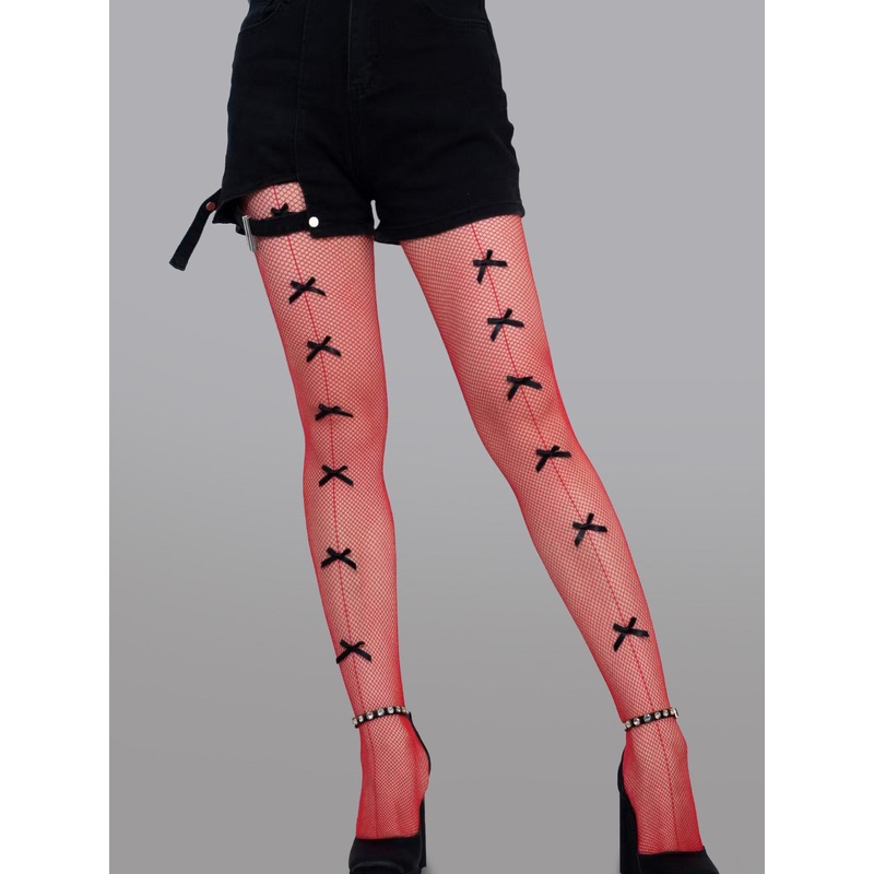 Bow Tie Fishnet Tights RED F