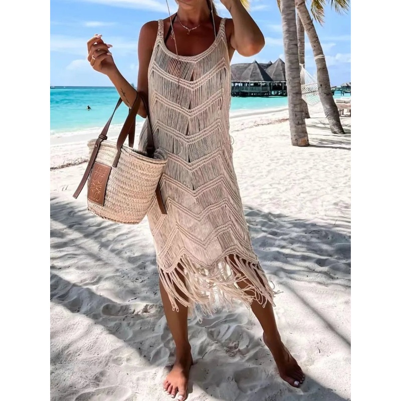 Fringe Scoop Neck Cover-Up Khaki S