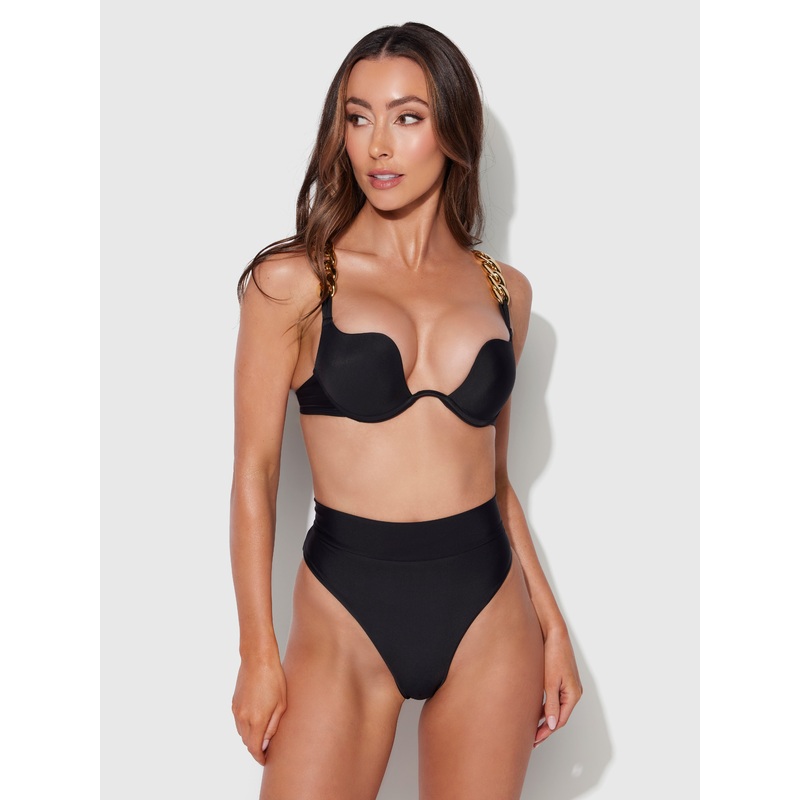 Rising Star Plunge Push Up Swim Top with Chain Black S