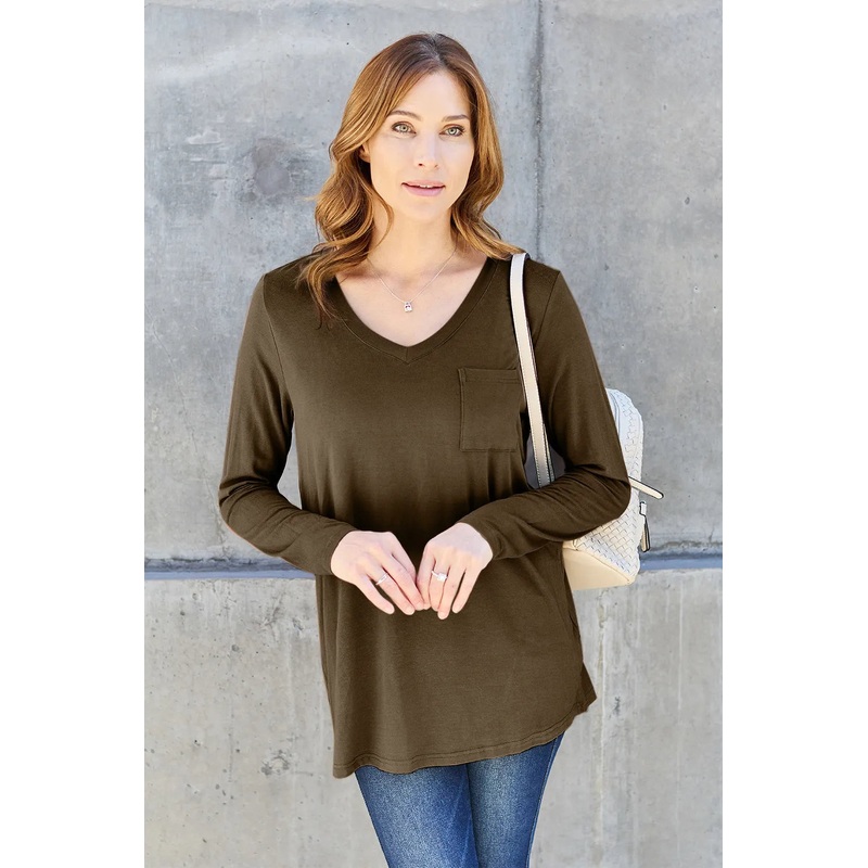 Basic Bae Full Size V-Neck Long Sleeve Top Mocha S