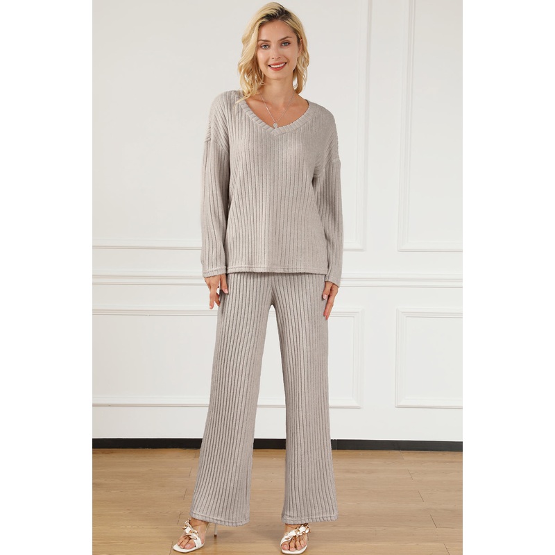 Ribbed V-Neck Top and Pants Lounge Set Light Gray S