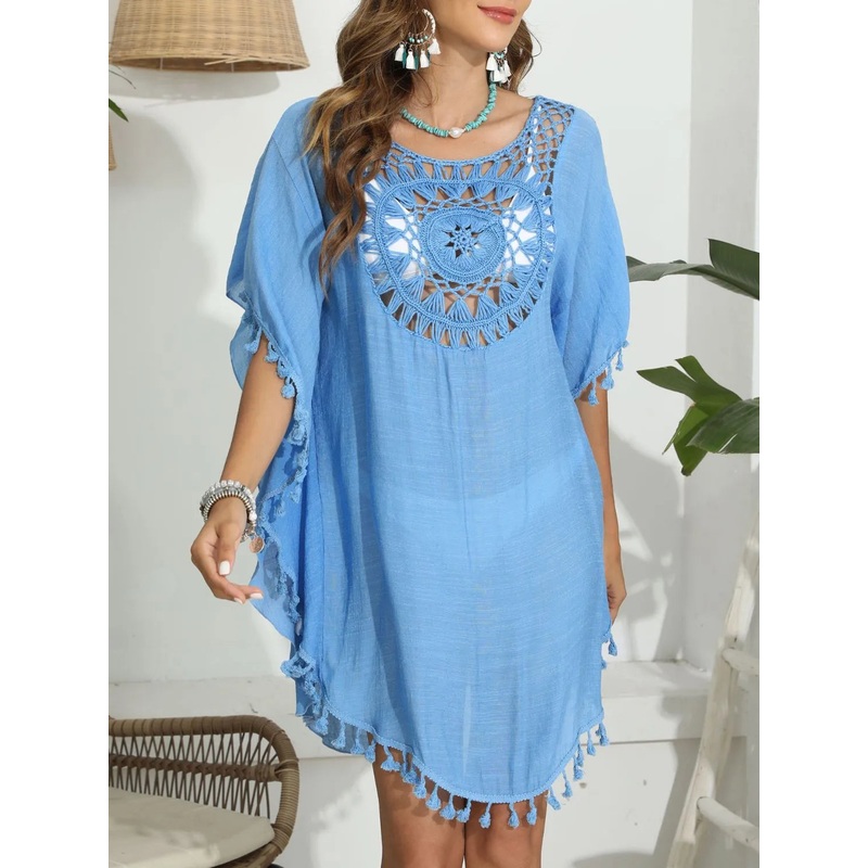 Tassel Crochet Round Neck Cover-Up Sky Blue One Size