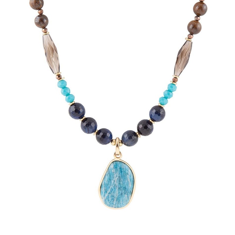 Argo Blue Apatite and Brown Tiger’s Eye Golden Pendant Necklace