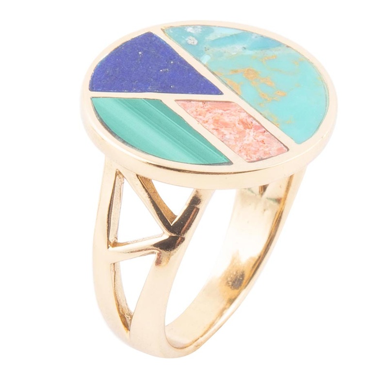 Art Deco Colorful Inlay Golden Ring 7