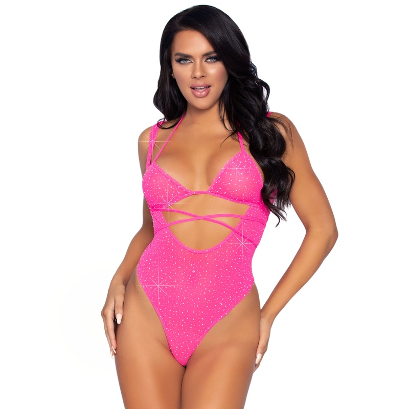 2 Pc. Rhinestone Wrap Around Bikini Top and Suspender Bodysuit – One Size – Neon Pink