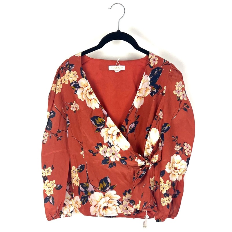 Rust Orange Floral Long Sleeve Wrap Blouse – Extra Small and Small Extra Small (size 2)