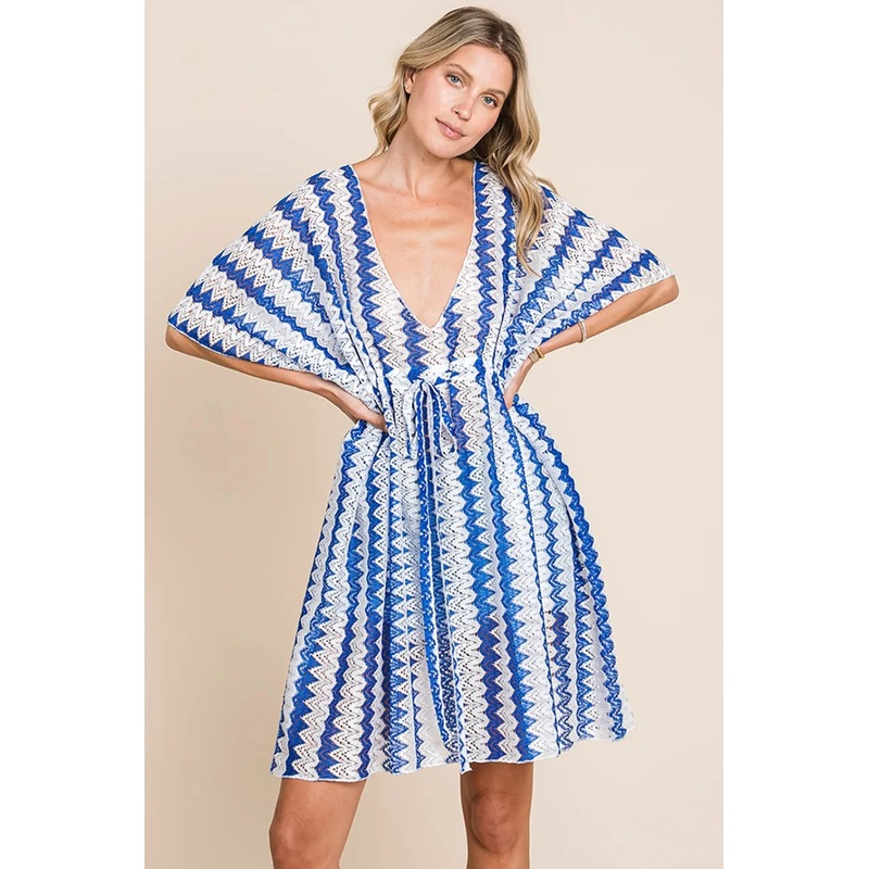 Cotton Bleu by Nu Lab Tied Striped Plunge Half Sleeve Cover-Up Royal Blue S