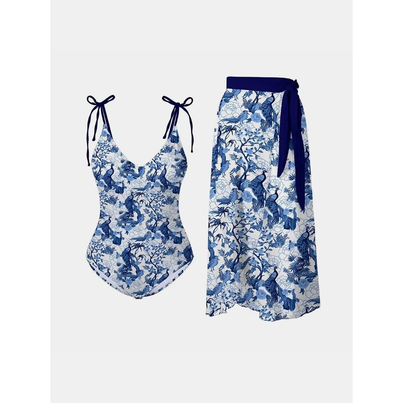 FAM-FAM Printed Tie Shoulder Swimwear and Skirt Swim Set Dusty Blue S