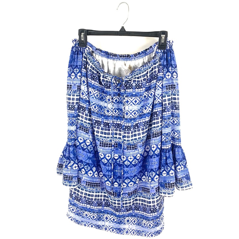 Blue and White Abstract Off The Shoulder Dress- Small
