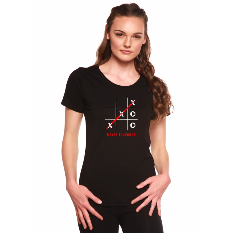 Maybe Tomorrow Women’s Bamboo Sleeve Scoop Neck Graphic T-Shirt Medium Black
