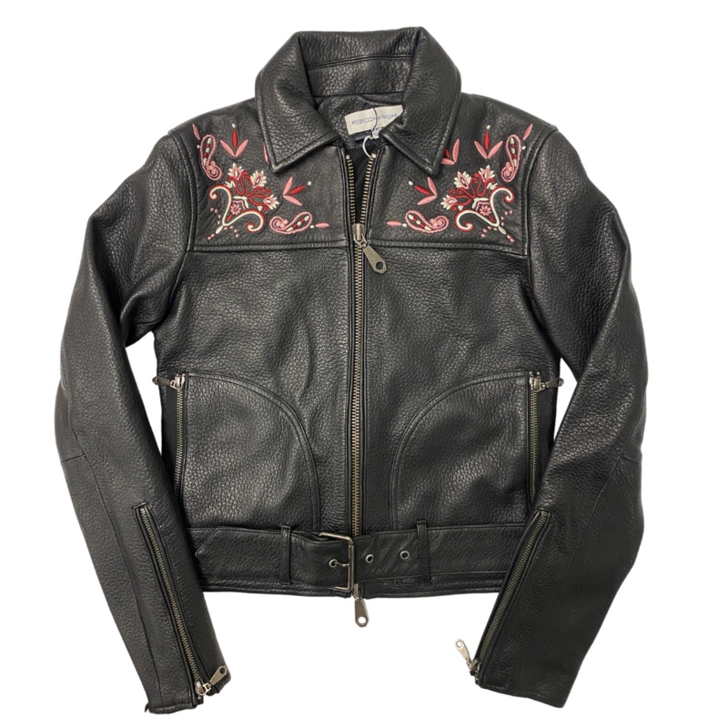 Floral Embroidered Black Leather Jacket – Extra Extra Small XXS