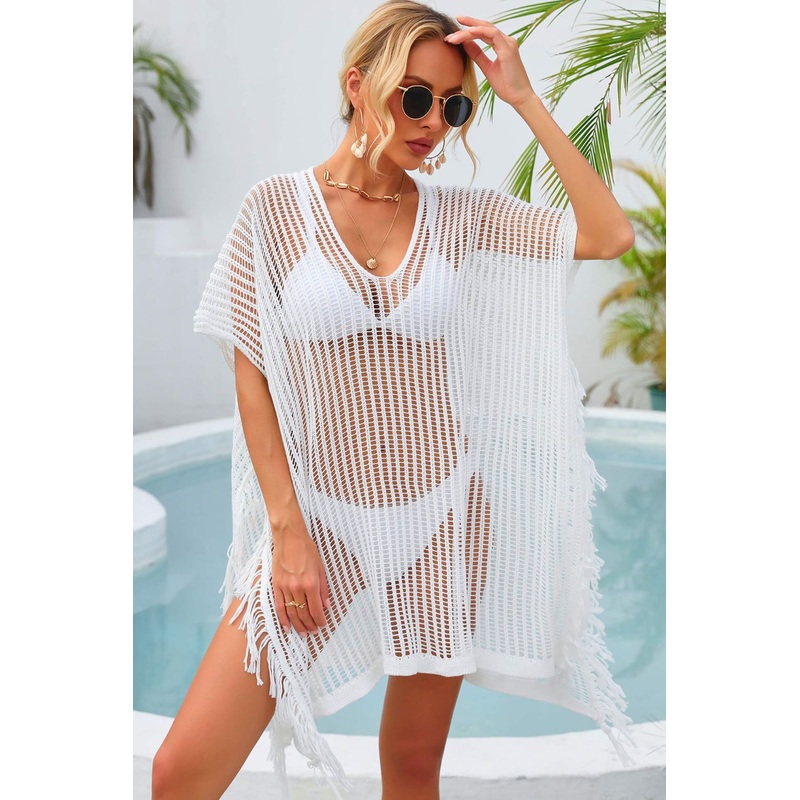 Angel Wings Fringe Trim Openwork Cover Up White One Size