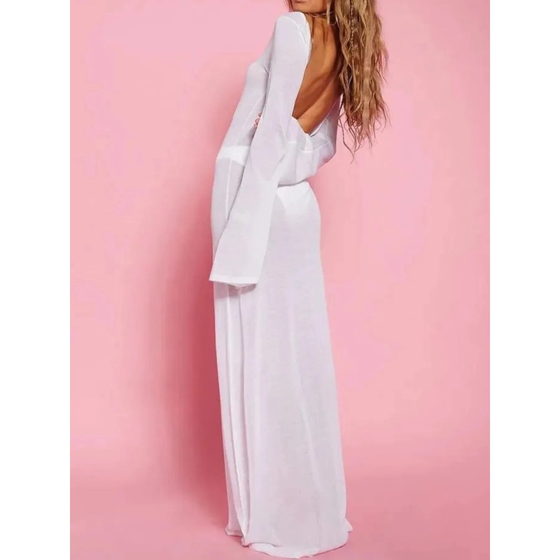 Backless Long Sleeve Maxi Cover-Up White S